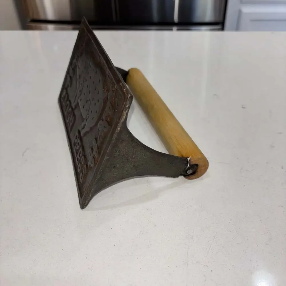 Vintage Cast Iron Bacon Press with Wooden Handle and Pig Design